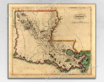 May include: An antique map of Louisiana from 1775, showing the territory's rivers, lakes, and coastline. The map is printed on aged paper with a light brown background and features hand-drawn lines and text in black ink.