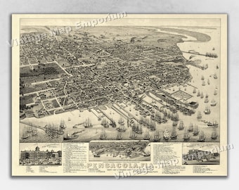 1885 Pensacola, Florida Map - Panoramic Old City Map - Historic Birds Eye View Vintage Map Art Print