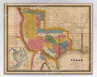 1835 Texas Land Grants and Historic Map of Galveston - Map Art Print