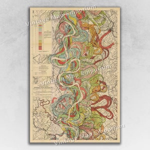 May include: A vintage map showing the meandering path of the Mississippi River. The map is printed on paper with a cream background and features a detailed illustration of the river's course, with different colors representing various geological features. The map is titled "Mississippi River Meanders, Sheet 1".
