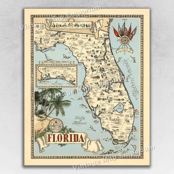 1953 State of Florida Pictorial Map - Vintage Florida Print - Florida Poster - Florida Wall Art