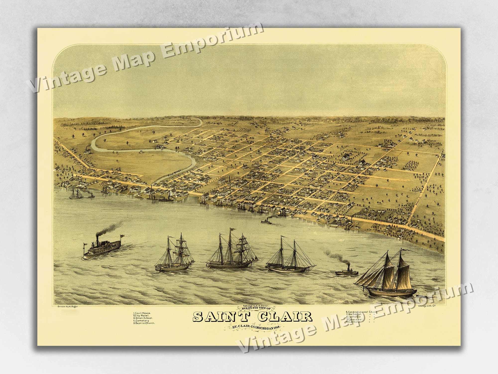 1868 Saint Clair, Michigan Map - Panoramic Old City Map - Historic Birds Eye View Vintage Map Art Print