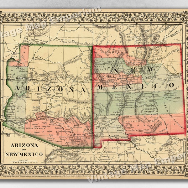 1867 New Mexico & Arizona Historic State Map - Wall Map Art Print