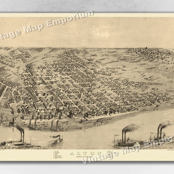 1867 Alton, Illinois Map - Panoramic Old City Map - Historic Birds Eye View Vintage Map Art Print