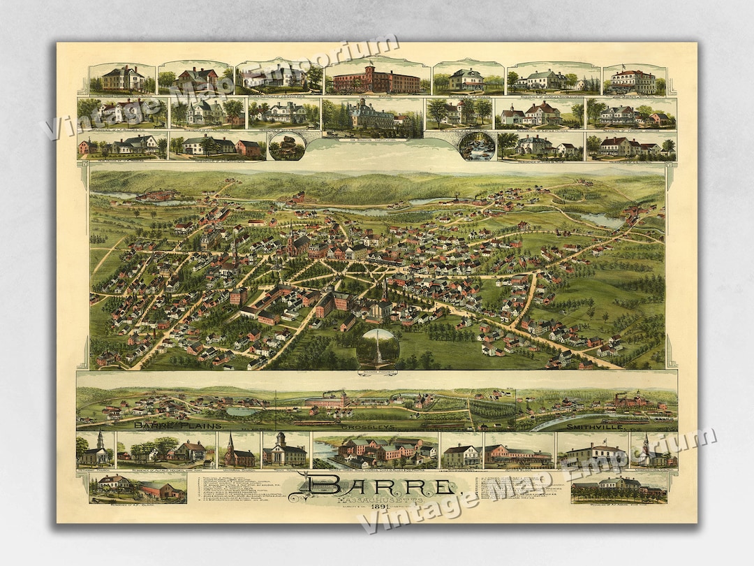 1891 Barre, Massachusetts Map Panoramic Old City Map Historic Birds Eye