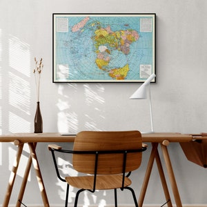 Stampa Su Tela Artery8 - Mappa Del Mondo Proiezione Polare Di Matthews-Northrup (1943) - Quadro Wall Art 61x81 Cm, Moderno E Vintage