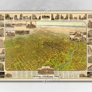 1908 Denver, Colorado Mapa - Mapa Panorámico de la Ciudad Vieja - Vista histórica de pájaro Ver mapa vintage Art Print