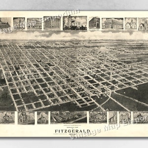 May include: An aerial view of Fitzgerald, Georgia, from a 1900s vintage map. The map shows the city's layout with streets and buildings. The map also includes smaller images of notable buildings in the city.