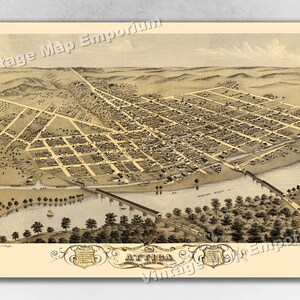 1869 Attica, Indiana Map - Panoramic Old City Map - Historic Birds Eye View Vintage Map Art Print