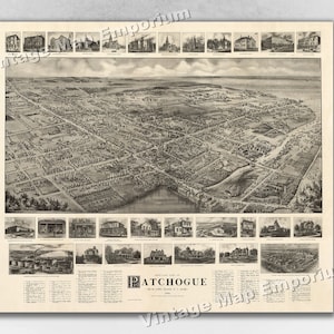 1905 Patchogue, Nueva York Mapa - Mapa panorámico de la ciudad vieja - Historic Birds Eye Ver Vintage Map Art Print