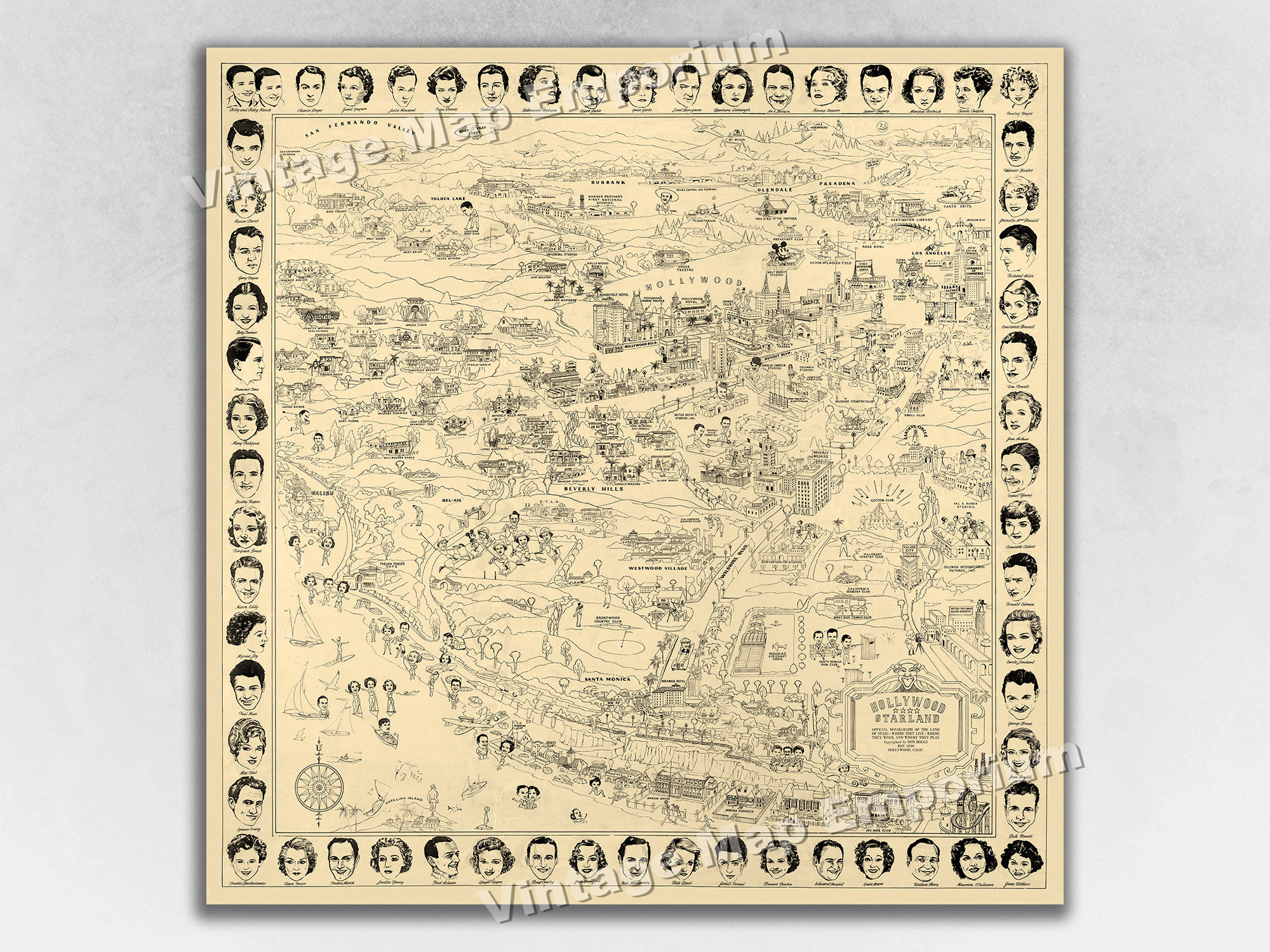 1937 Hollywood Starland Map - Map of the Stars - Vintage Map of