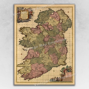 1700 Map of the Republic of Ireland - 18th Century Irish Countryside Map - Vintage Old World Wall Map Art Print Poster