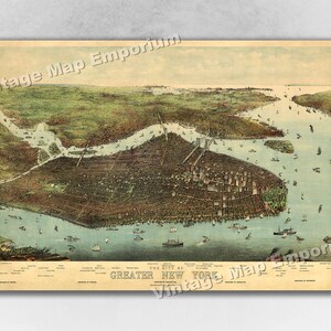 1905 New York City, New York Map - NYC Panoramic Old City Map - Historic Birds Eye View Vintage Map Art Print