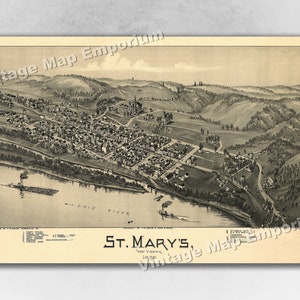 1899 St Marys, West Virginia Map - Panoramic Old City Map - Historic Birds Eye View Vintage Map Art Print