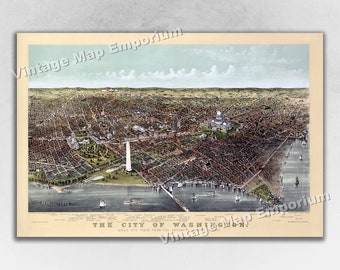 1892 Washington DC Map - Panoramic Old City Map - Historic Birds Eye View Vintage Map Art Print