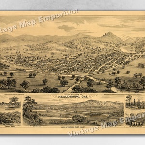 1876 Healdsburg, California Old Panoramic City Map - Historic Birds Eye View Vintage Map Art Print
