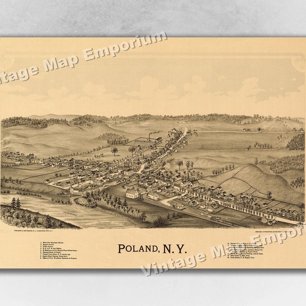 1890 Poland, New York Map - Panoramic Old City Map - Historic Birds Eye View Vintage Map Art Print