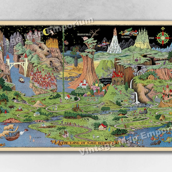 The Land of Make Believe - 1933 Vintage Fairy Tale Map Poster Nursery Decor Idea