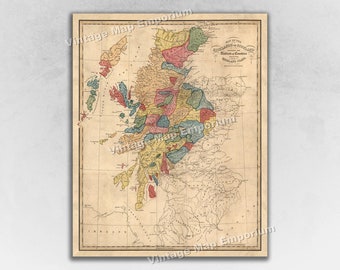 1822 Clans of Scotland Map Print, Map of Scotland and Scottish Highland Clans - Scottish Wall Map Art Print Poster