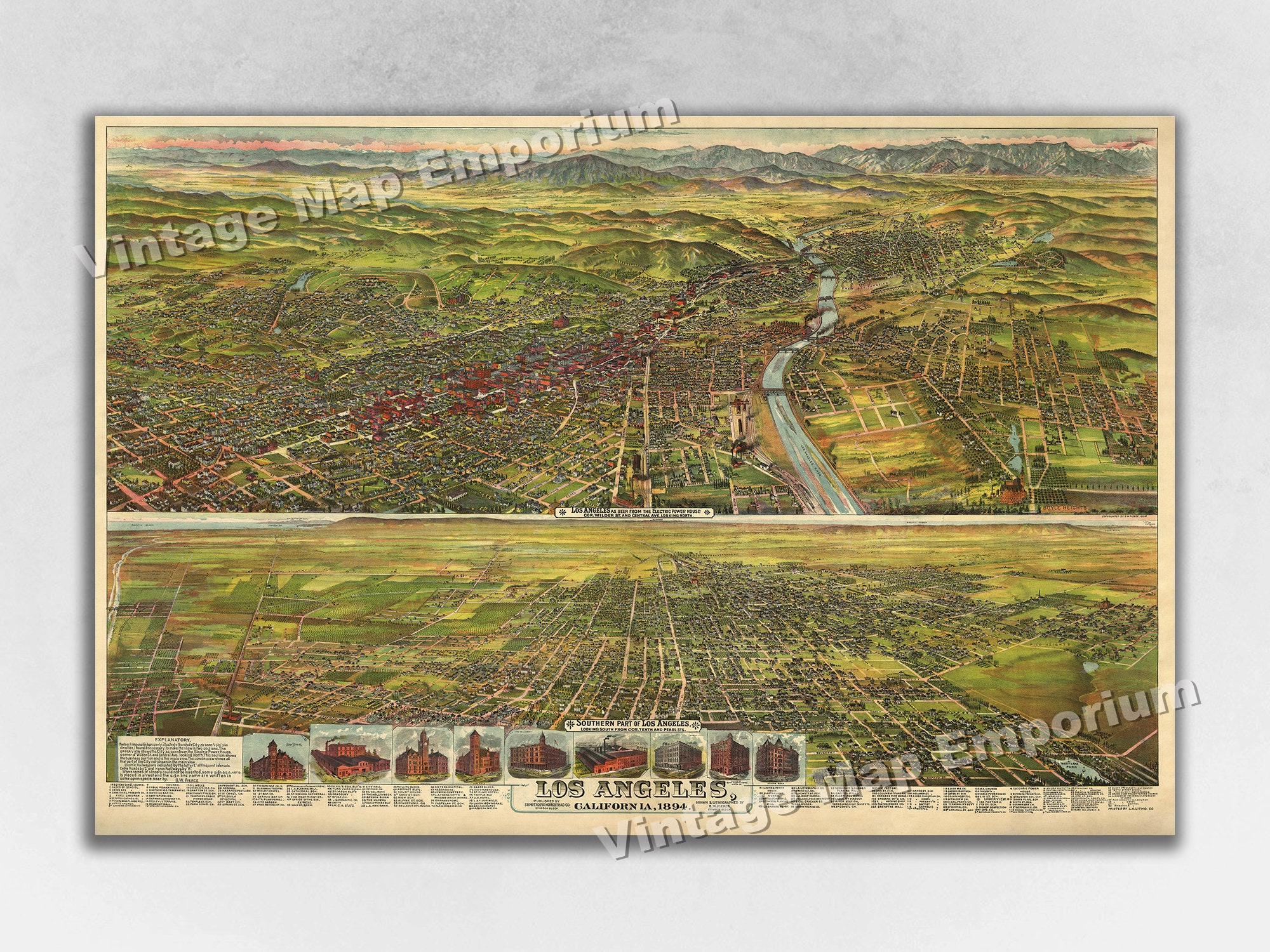 1894 Los Angeles California Old Panoramic City Map Historic