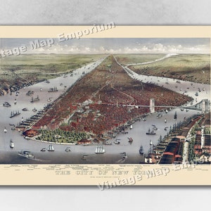 1884 New York City, New York Map - NYC Panoramic Old City Map - Historic Birds Eye View Vintage Map Art Print