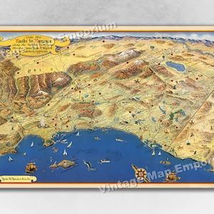 1953 Roads to Romance Southern California Old Map - Wall Map Art Print