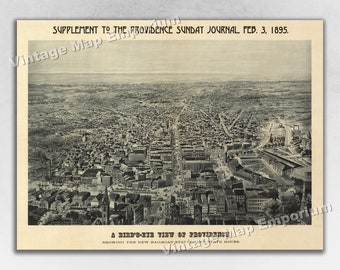 1895 Providence, Rhode Island Map - Panoramic Old City Map - Historic Birds Eye View Vintage Map Art Print