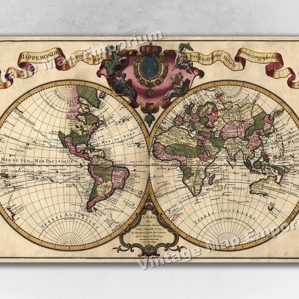 1720 Mappe Monde du Roy - Old World Exploration Map - Guillaume de L'Isle Wall Map Historic Art Print - Restoration Decor Map