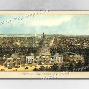 1871 Washington DC Map - Panoramic Old City Map - Historic Birds Eye View Vintage Map Art Print