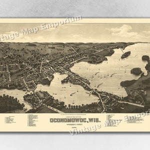 1885 Oconomowoc, Wisconsin Map - Panoramic Old City Map - Historic Birds Eye View Vintage Map Art Print