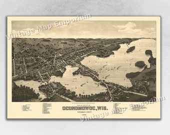 1885 Oconomowoc, Wisconsin Map - Panoramic Old City Map - Historic Birds Eye View Vintage Map Art Print
