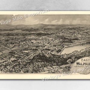 1898 East Walpole, Massachusetts Map - Panoramic Old City Map - Historic Birds Eye View Vintage Map Art Print
