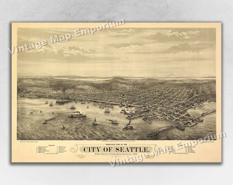 1878 Seattle, Washington Map - Panoramic Old City Map - Historic Birds Eye View Vintage Map Art Print