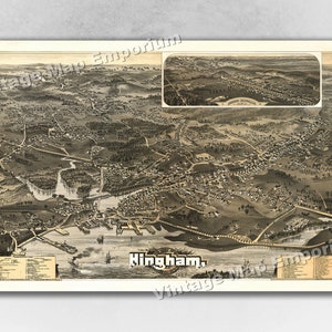 May include: An antique map of Hingham, Massachusetts, showing the town's layout and surrounding landscape. The map is printed in black and white and features detailed street names and landmarks. The title "Hingham" is prominently displayed at the bottom of the map.