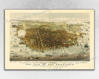 1878 San Francisco, California Old Panoramic City Map - Historic Birds Eye View Vintage Map Art Print