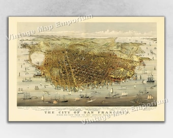1878 San Francisco, California Old Panoramic City Map - Historic Birds Eye View Vintage Map Art Print