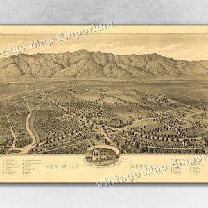 1893 San Gabriel, California Old Panoramic City Map - Historic Birds Eye View Vintage Map Art Print