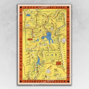 May include: A vintage, illustrated map of Yellowstone National Park, with a whimsical, slightly skewed perspective. The map features a yellow background with orange and brown accents, depicting various landmarks and features of the park, including mountains, rivers, lakes, and trails. The text "A Hysterical Map of Yellowstone Park and the Jackson Hole Country" is printed in red along the left and right edges of the map.