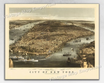 Könnte beinhalten: Eine antike Karte der Stadt New York, die das Stadtbild und die umliegenden Wasserwege zeigt. Die Karte ist in Braun-, Grün- und Blautönen gedruckt, mit dem Text "City of New York" unten.