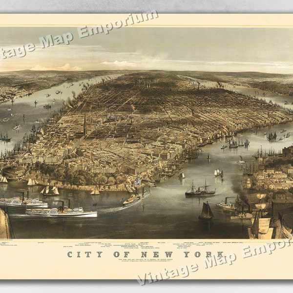 1856 New York City, New York Map - NYC Panoramic Old City Map - Historic Birds Eye View Vintage Map Art Print