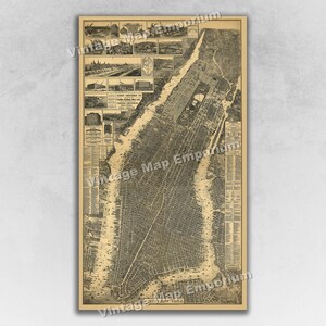 1879 New York City, New York Map - NYC Panoramic Old City Map - Historic Birds Eye View Vintage Map Art Print
