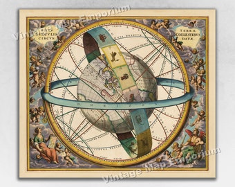 1660 Celestial Map Print Plate 11 - "Earth Encircled by Celestial Circles" by Andreas Cellarius - Harmonia Macrocosmica - Vintage Map Print