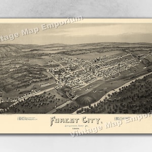 May include: An antique black and white aerial view map of Forest City, Susquehanna County, Pennsylvania. The map shows the town's layout with streets, buildings, and surrounding landscape.