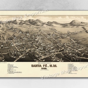 1882 Santa Fe, New Mexico Map - Panoramic Old City Map - Historic Birds Eye View Vintage Map Art Print