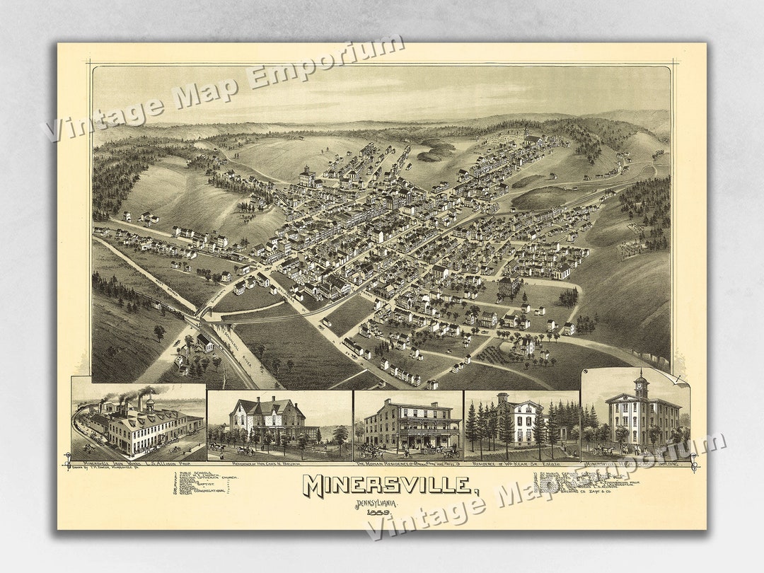 1889 Minersville Pennsylvania Map Panoramic Old City Map Etsy