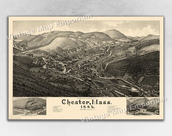 1885 Chester, Massachusetts Map - Panoramic Old City Map - Historic Birds Eye View Vintage Map Art Print