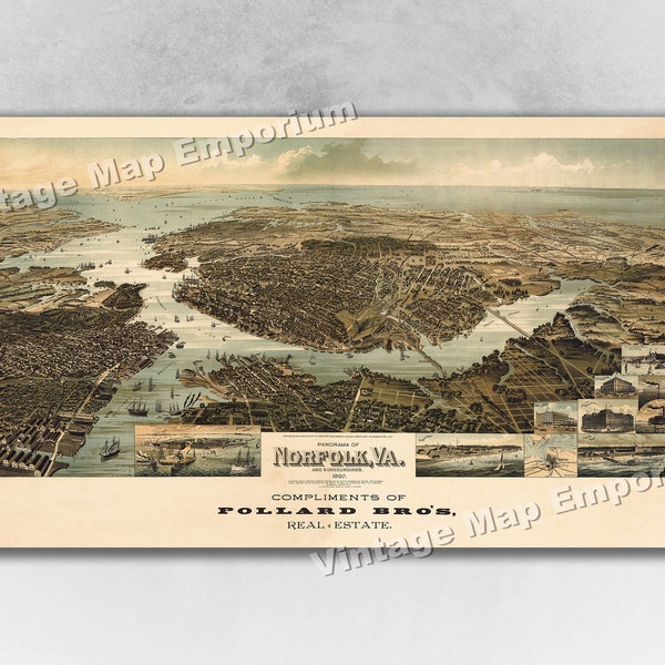 1892 Norfolk, Virginia Map - Panoramic Old City Map - Historic Birds Eye View Vintage Map Art Print