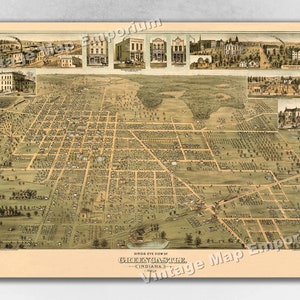 1886 Greencastle, Indiana Map - Panoramic Old City Map - Historic Birds Eye View Vintage Map Art Print