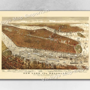 1877 New York City, New York Map - NYC Panoramic Old City Map - Historic Birds Eye View Vintage Map Art Print