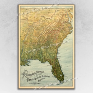 May include: A vintage map of the southeastern United States, showing the rail lines of the Richmond & Danville Railroad and the Florida Central & Peninsular Systems. The map is printed in shades of green, brown, and blue, with red lines indicating the rail lines.